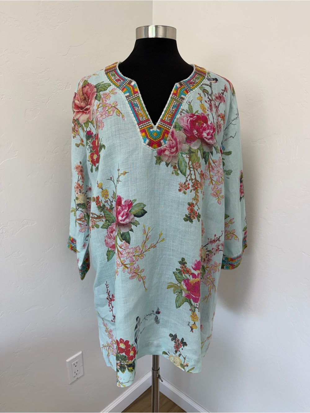 John Mark Floral Print Embroidered Split-Neck Relaxed Mint Tunic Top Size XL
